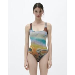 Zara Sleeveless Semi-Sheer Tulle Bodysuit Top with Artists Works Print Small